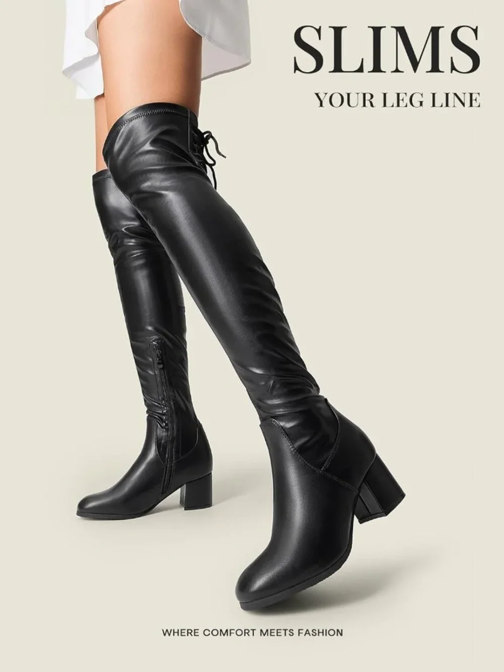 Women's Black Faux Leather Chunky Heel Round Toe Over The Knee Thigh High Boots